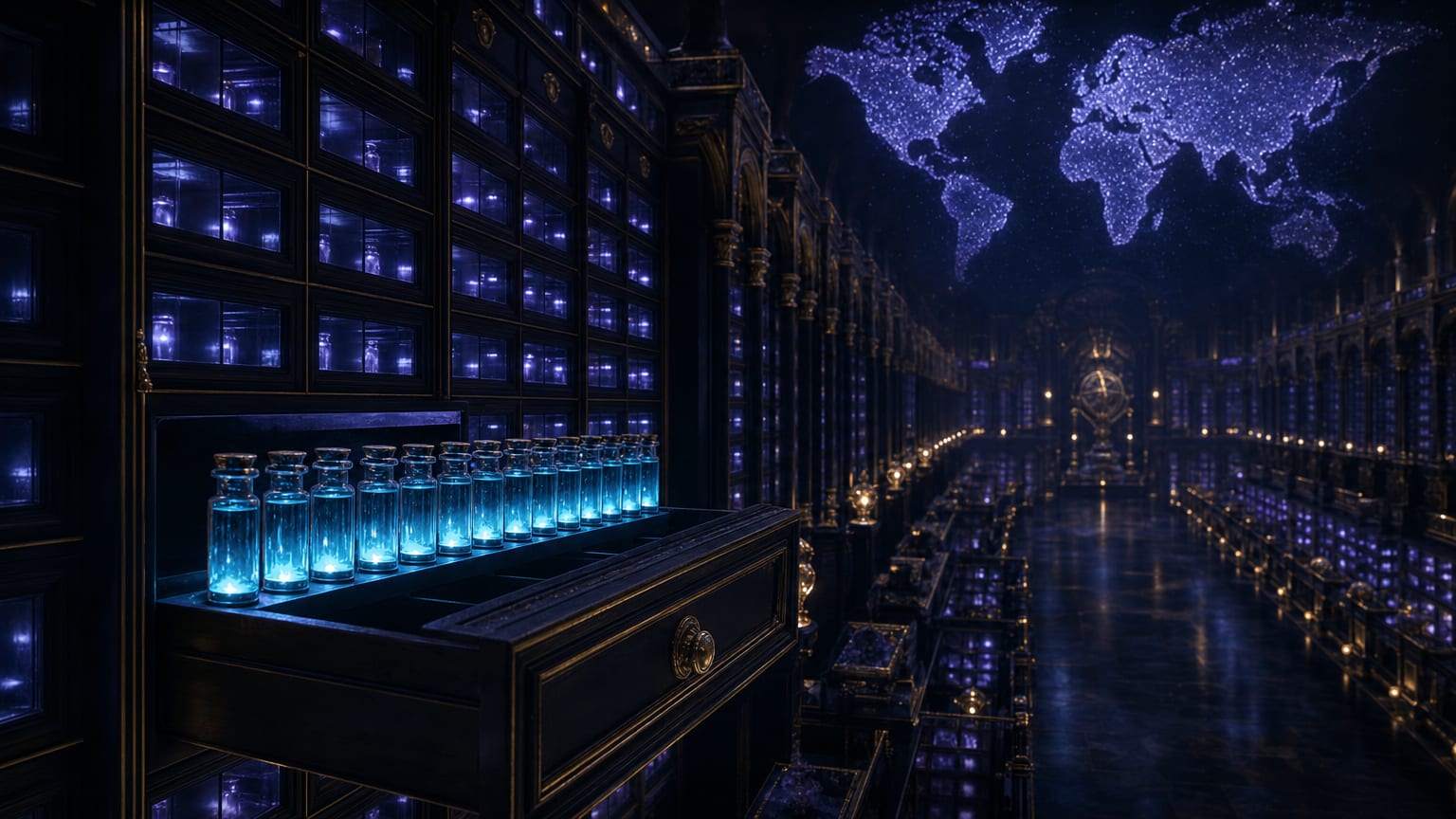 An immense dark archive hall of glowing drawers with an open drawer of glass phials in the foreground