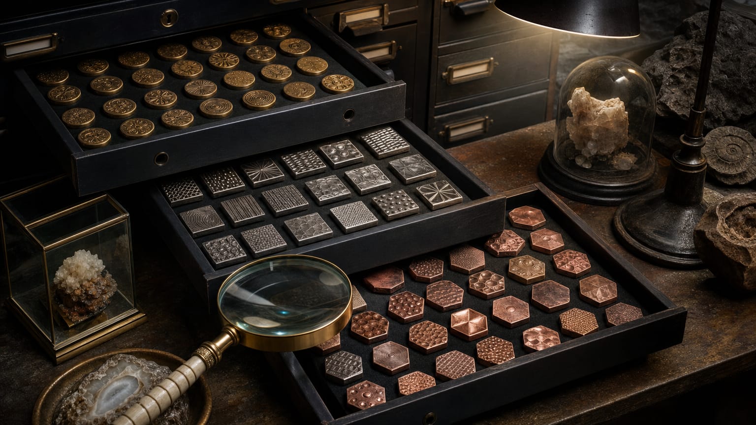 Dark museum drawers of specimen tags in three distinct shapes and metals, a hand lens revealing fine different tooling on each tag type.
