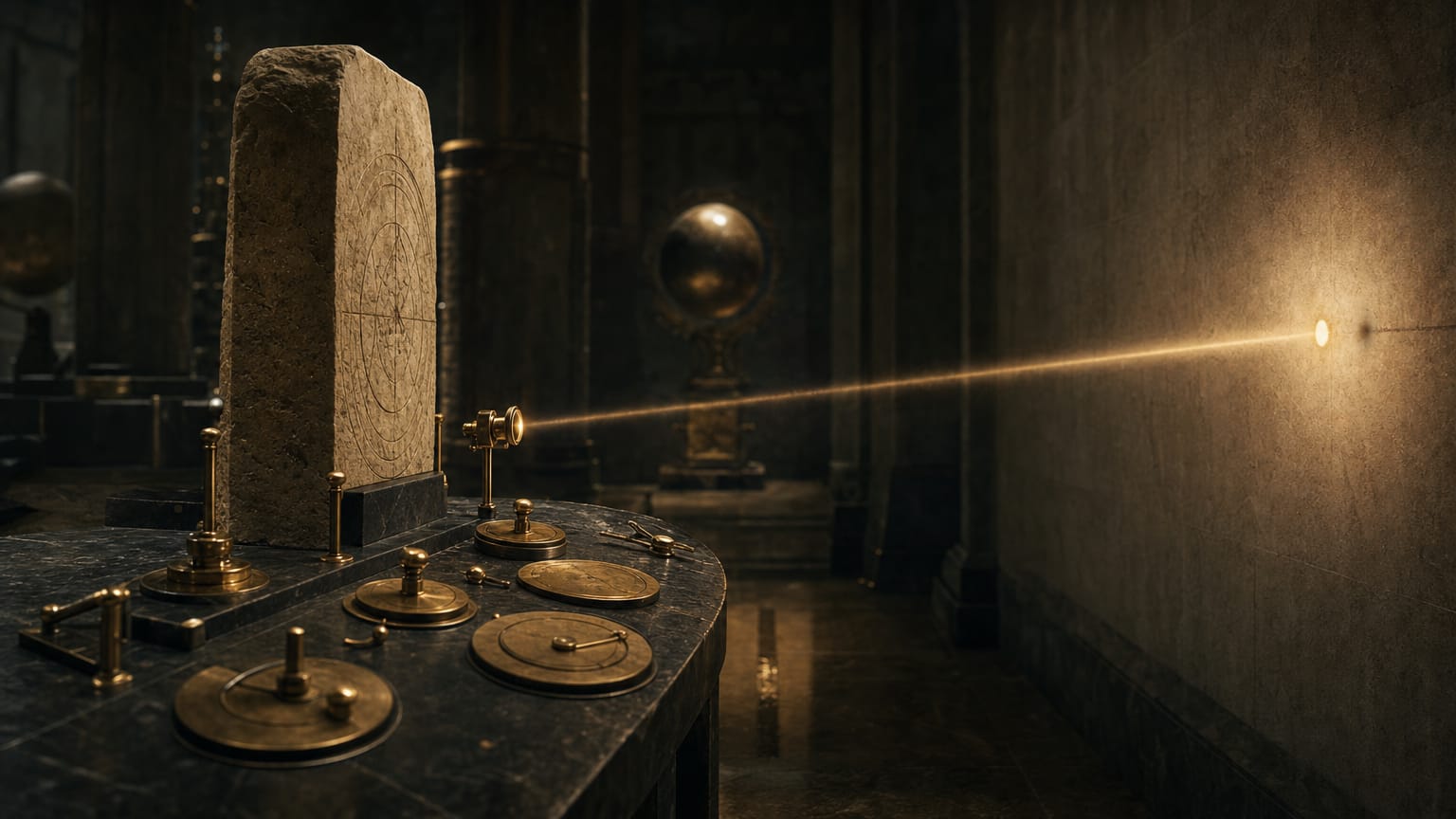 A dark control panel of unlabeled brass dials beside a stone tablet, one dial's small rotation projecting a visibly shifted beam on the wall.