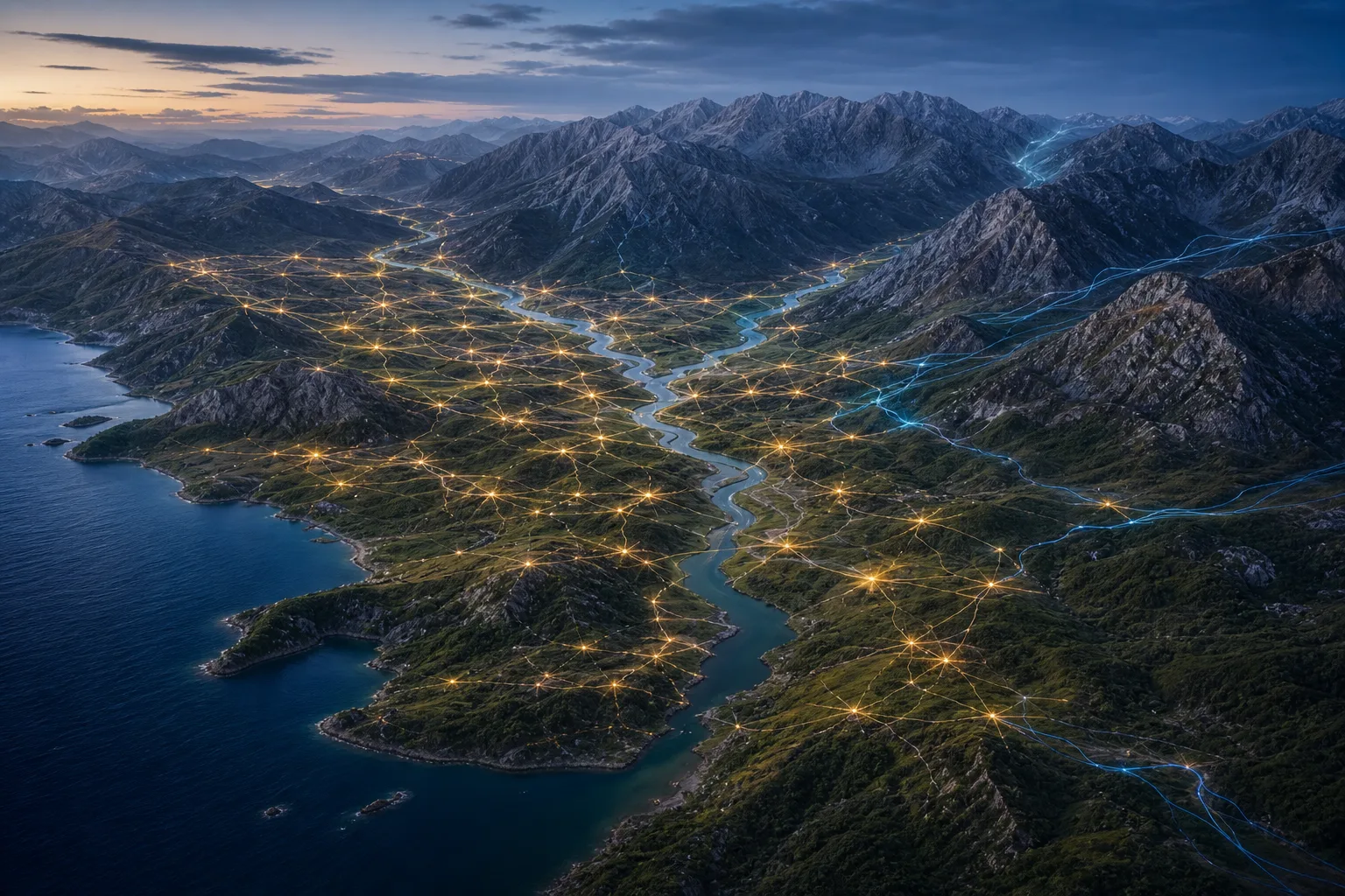 Conceptual aerial view of Albanian mountain valleys with warm regional connections and cooler threads entering through eastern passes