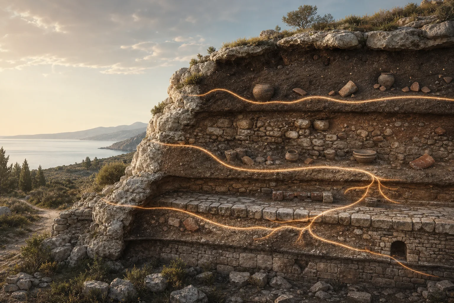 Conceptual archaeological layers beside the Adriatic representing successive periods in Albanian population history