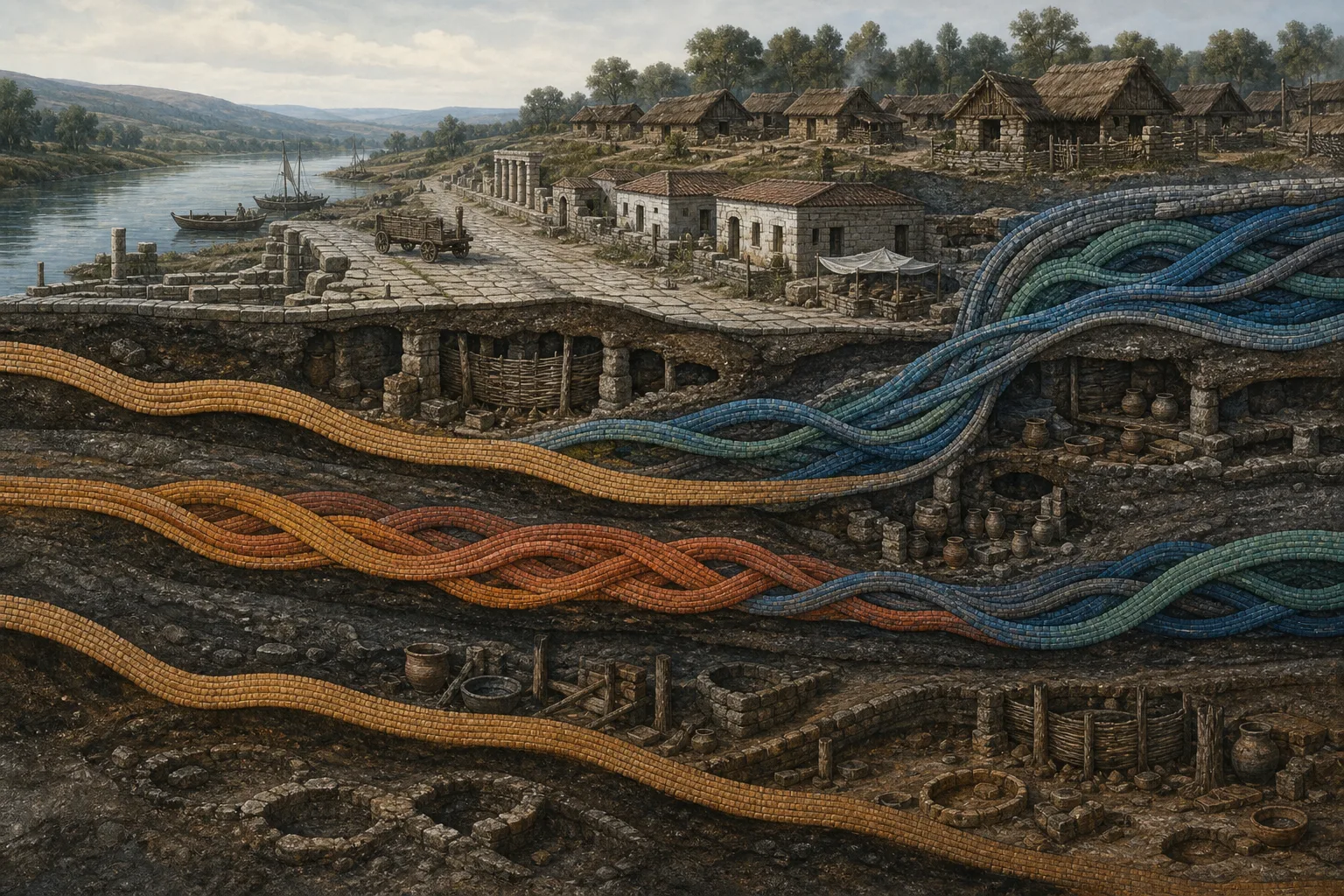 Conceptual archaeological cross-section showing local Balkan, Roman-era eastern Mediterranean, and Early Medieval ancestry layers