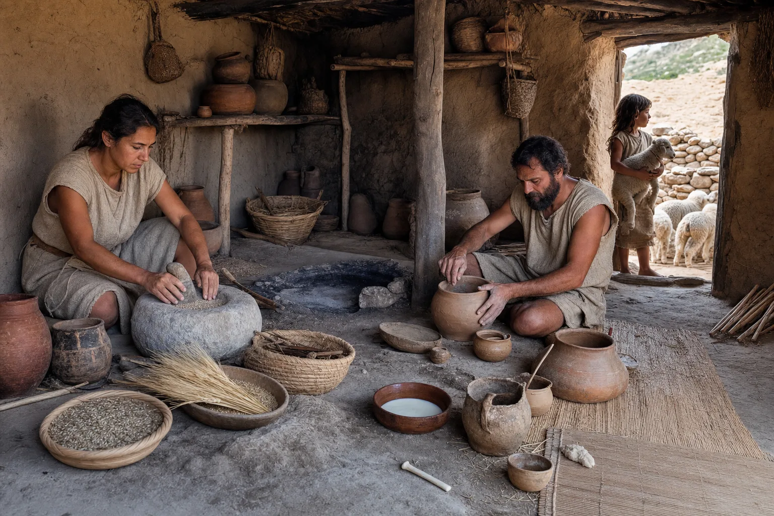 Realistic reconstruction of an early farming household grinding grain, tending sheep and storing cereals in ceramic vessels