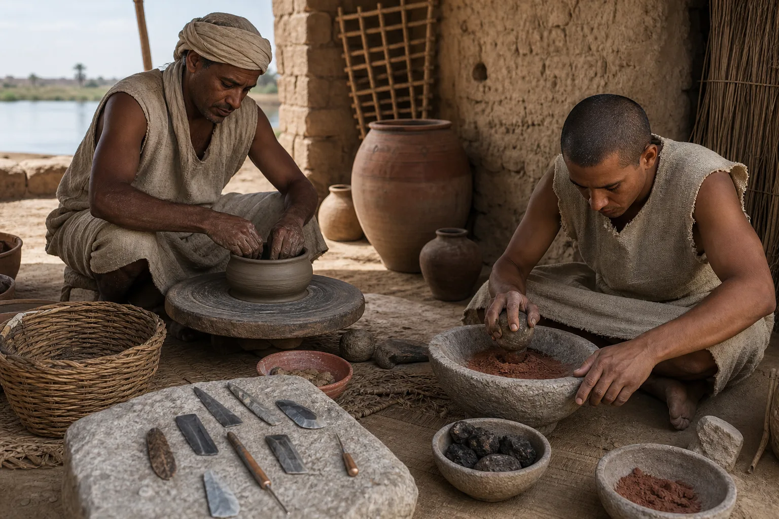 Realistic reconstruction of Old Kingdom Egyptian people making pottery with period tools and ceramic vessels
