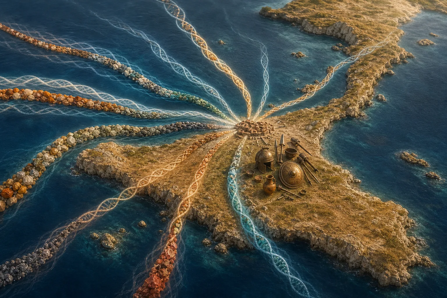 Conceptual Mediterranean landscape with multiple symbolic ancestry and isotope threads converging on ancient Himera