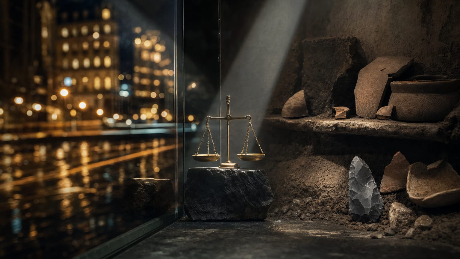 A dark split scene: living city lights reflected in glass on one side, excavated pottery and bone under museum light on the other, one beam crossing both.