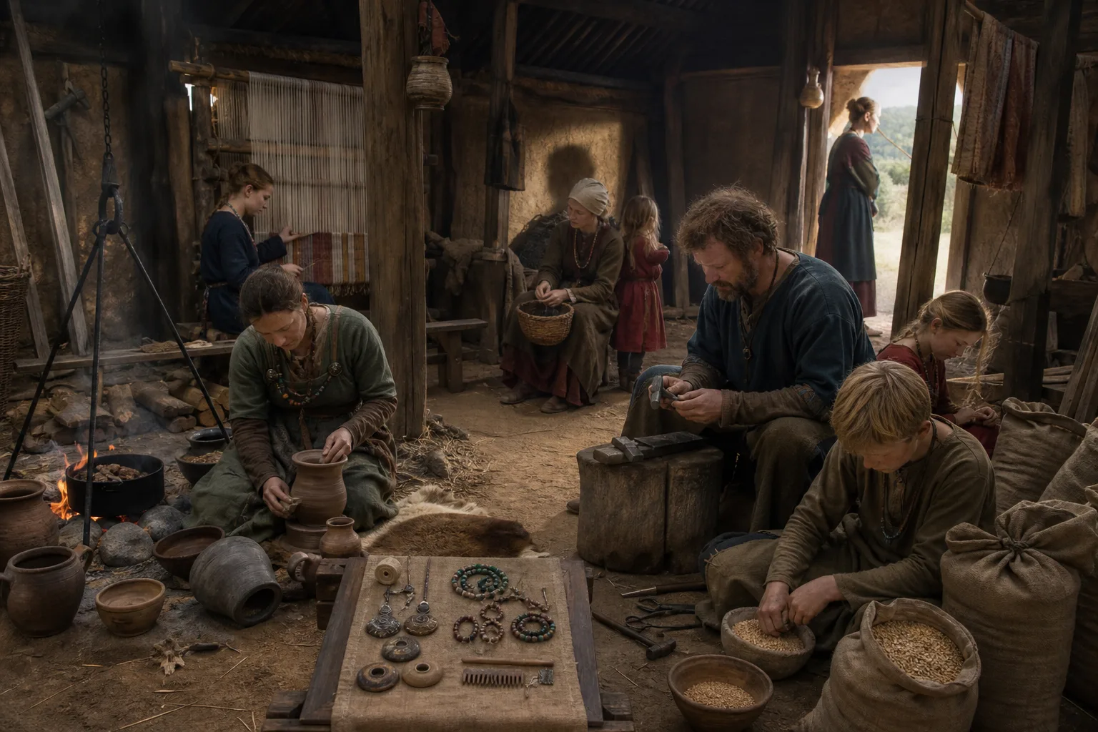 Realistic archaeological reconstruction of a mixed Early Medieval English household with brooches, beads, a shield, pottery and weaving tools