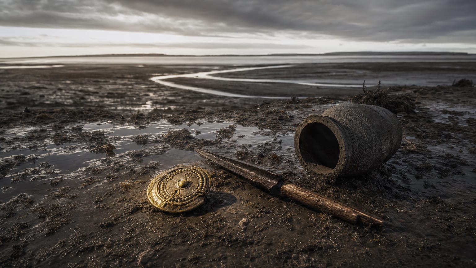 A dark estuary mudflat at low tide with a gilded saucer brooch, an iron spearhead and a cremation urn resting on wet silt beneath a low grey sky