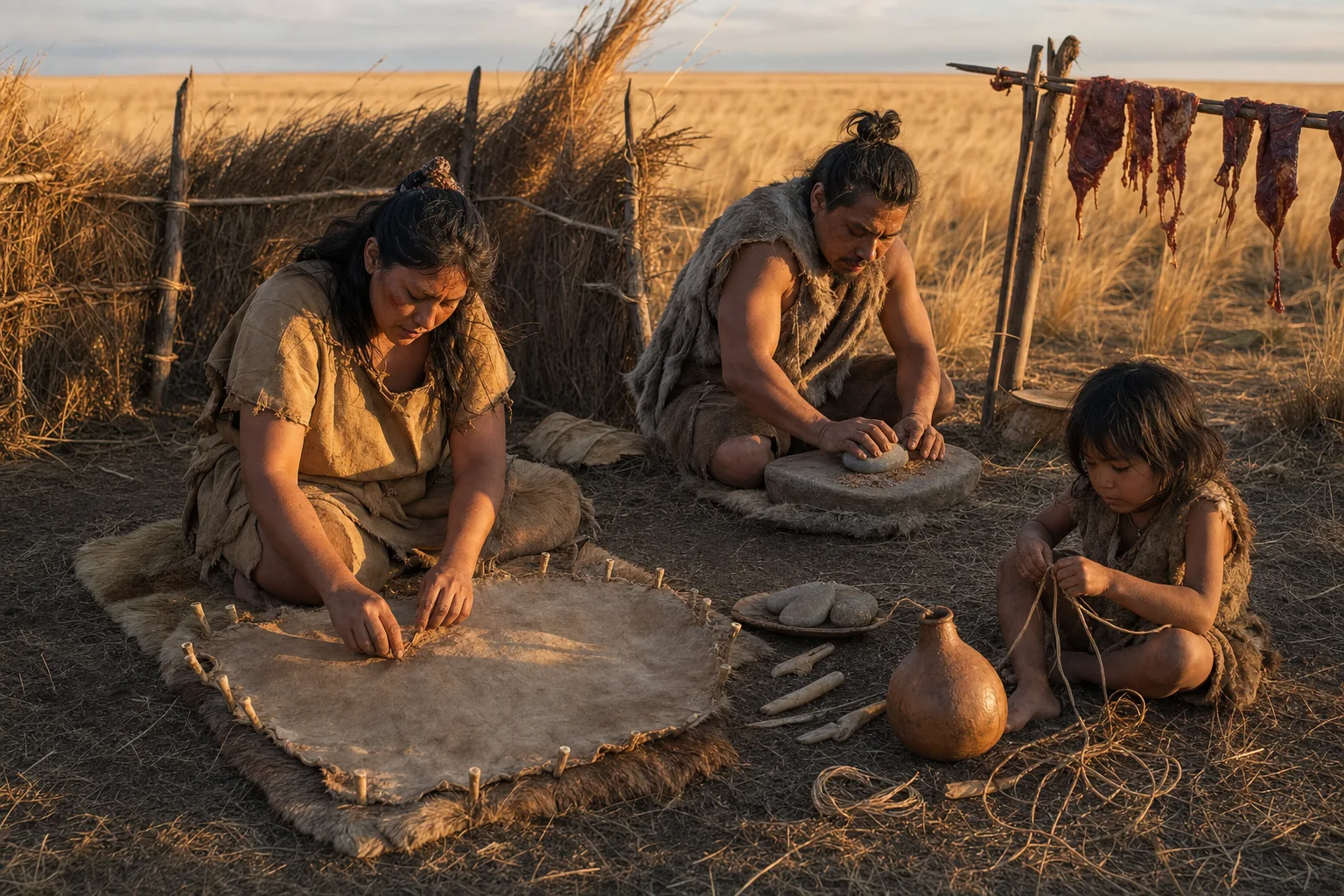 Realistic reconstruction of a Holocene family group on the Argentine plains with hide shelters, grinding stones, woven cordage and drying meat