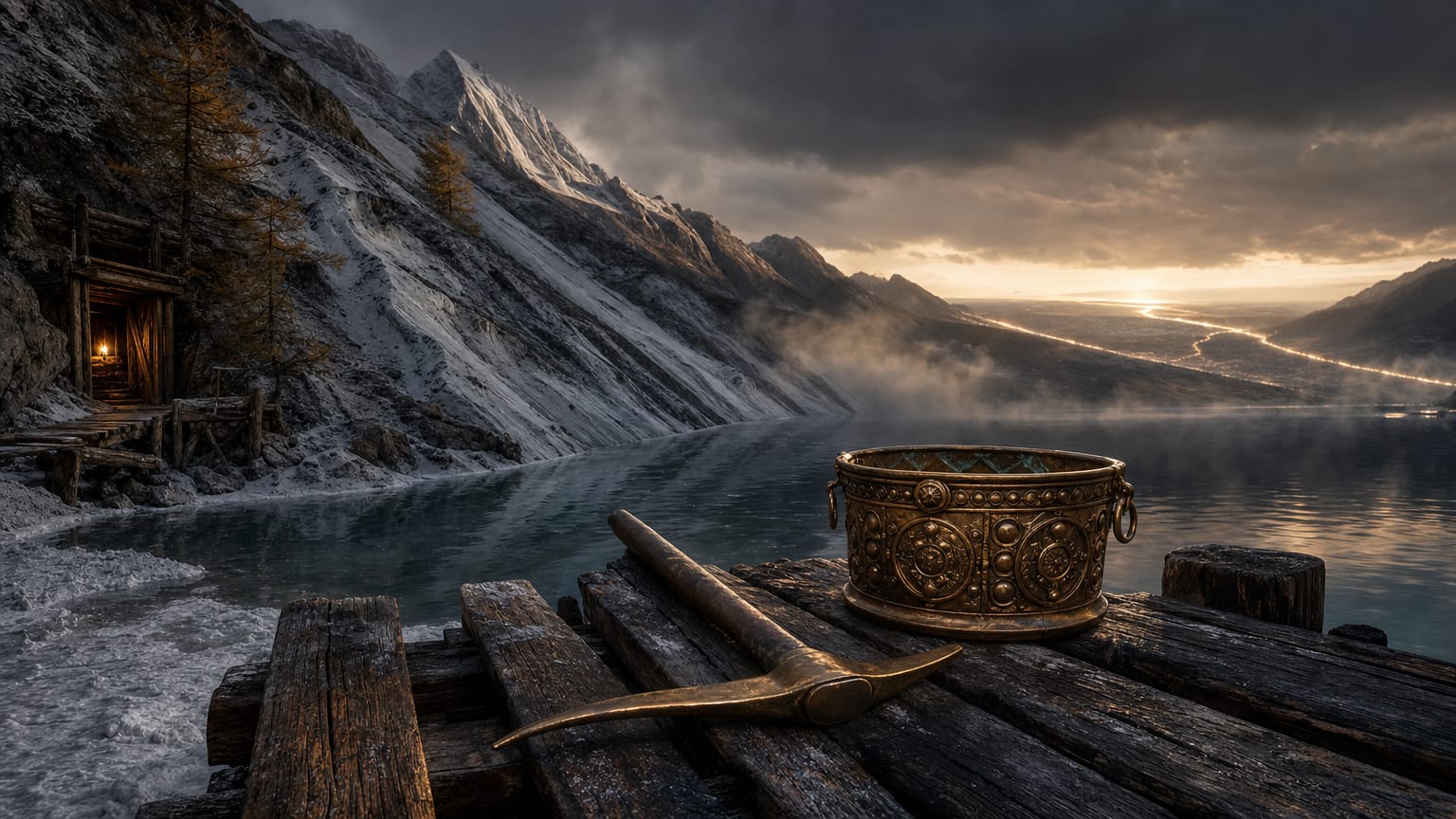 A dark Alpine lake beneath steep salt-mine slopes, a bronze-age pick and a decorated situla resting on a timber landing, and threads of light following the Danube valley eastward.