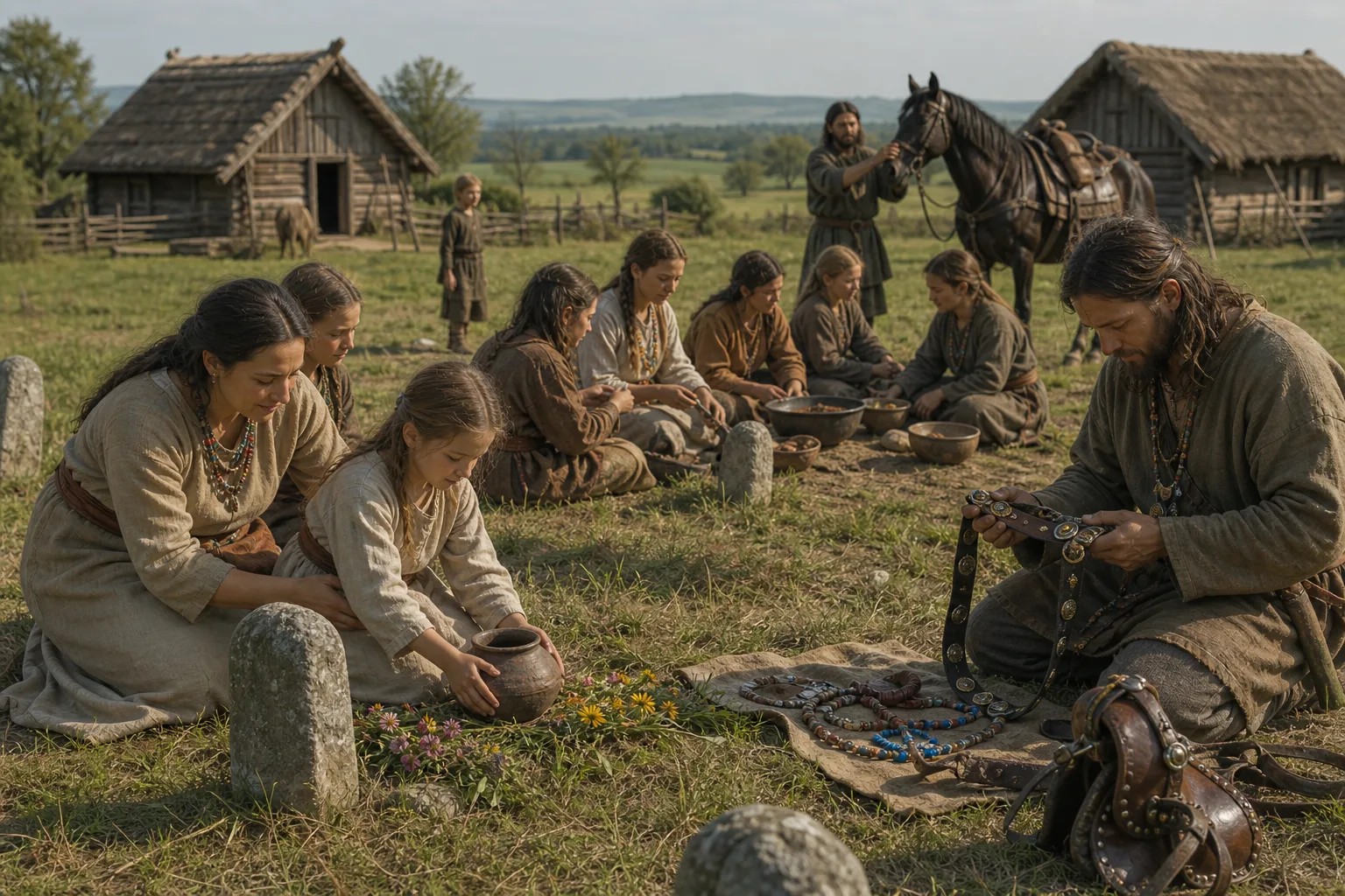 Realistic Avar-period extended family visiting a cemetery with decorated belt fittings, pottery, horse harness and wooden grave markers