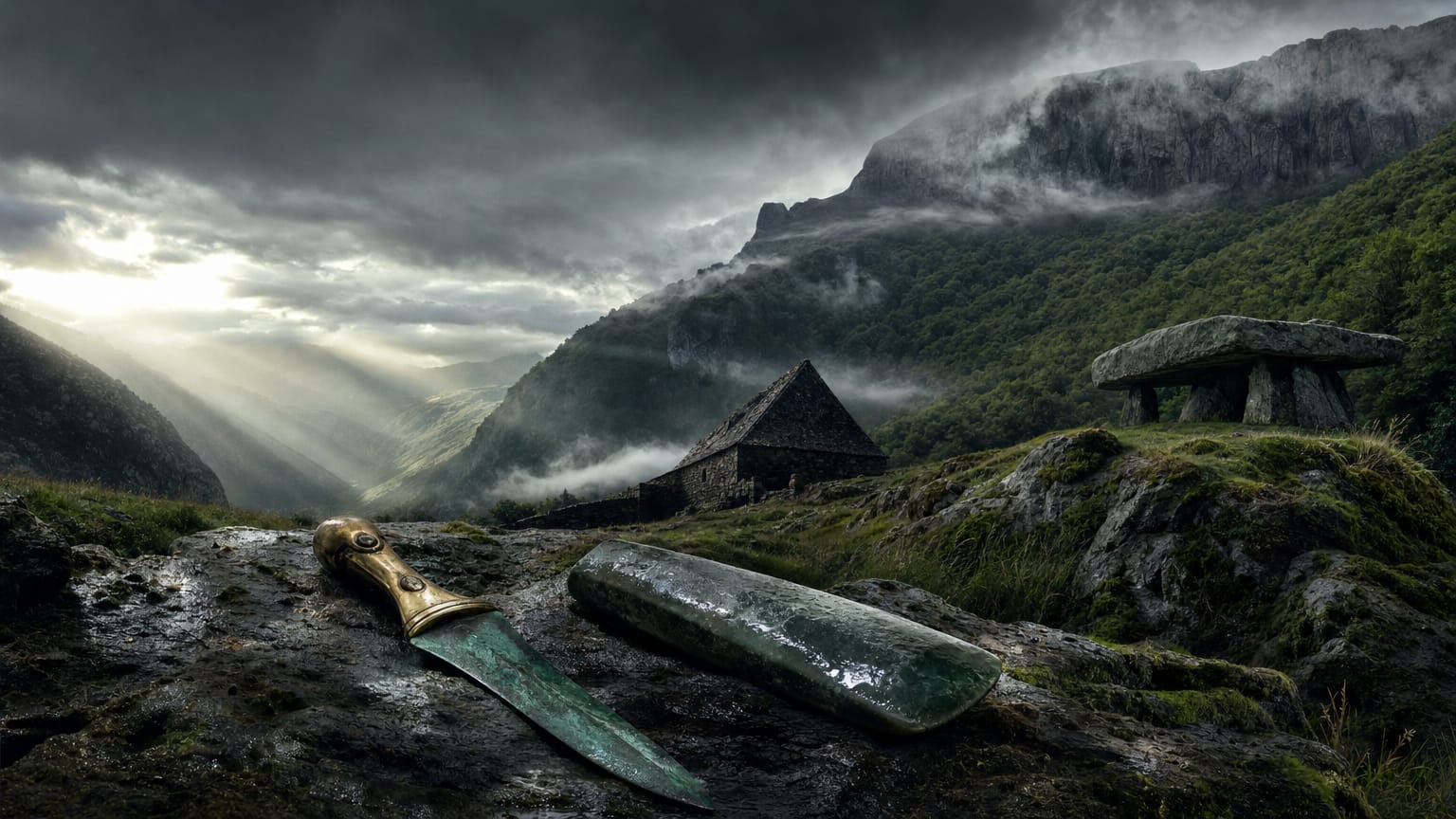 A dark green Pyrenean valley under low cloud with a stone farmhouse silhouette, a dolmen on the ridge and a Bronze Age dagger in the foreground, threads of light stopping at the mountain wall.