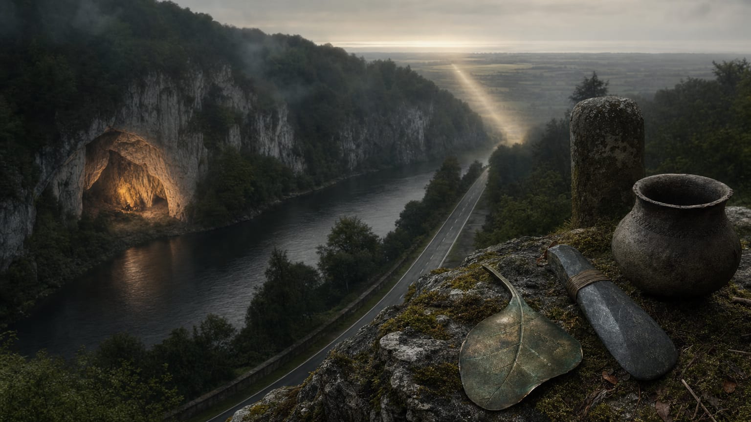 A dark wooded river gorge in the Ardennes with a limestone cave mouth glowing faintly, a Roman milestone by the road, and threads of light running north toward a flat coastal plain.