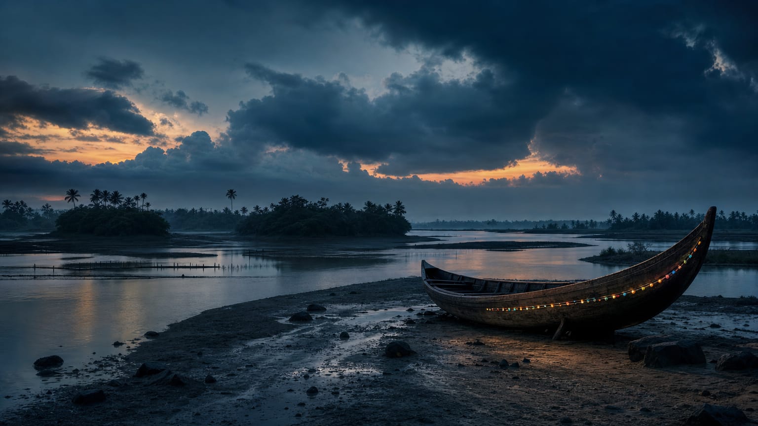 A wide river delta at dawn seen from low over the water, braided channels between silt banks, rice paddies and a line of palms fading into mist.