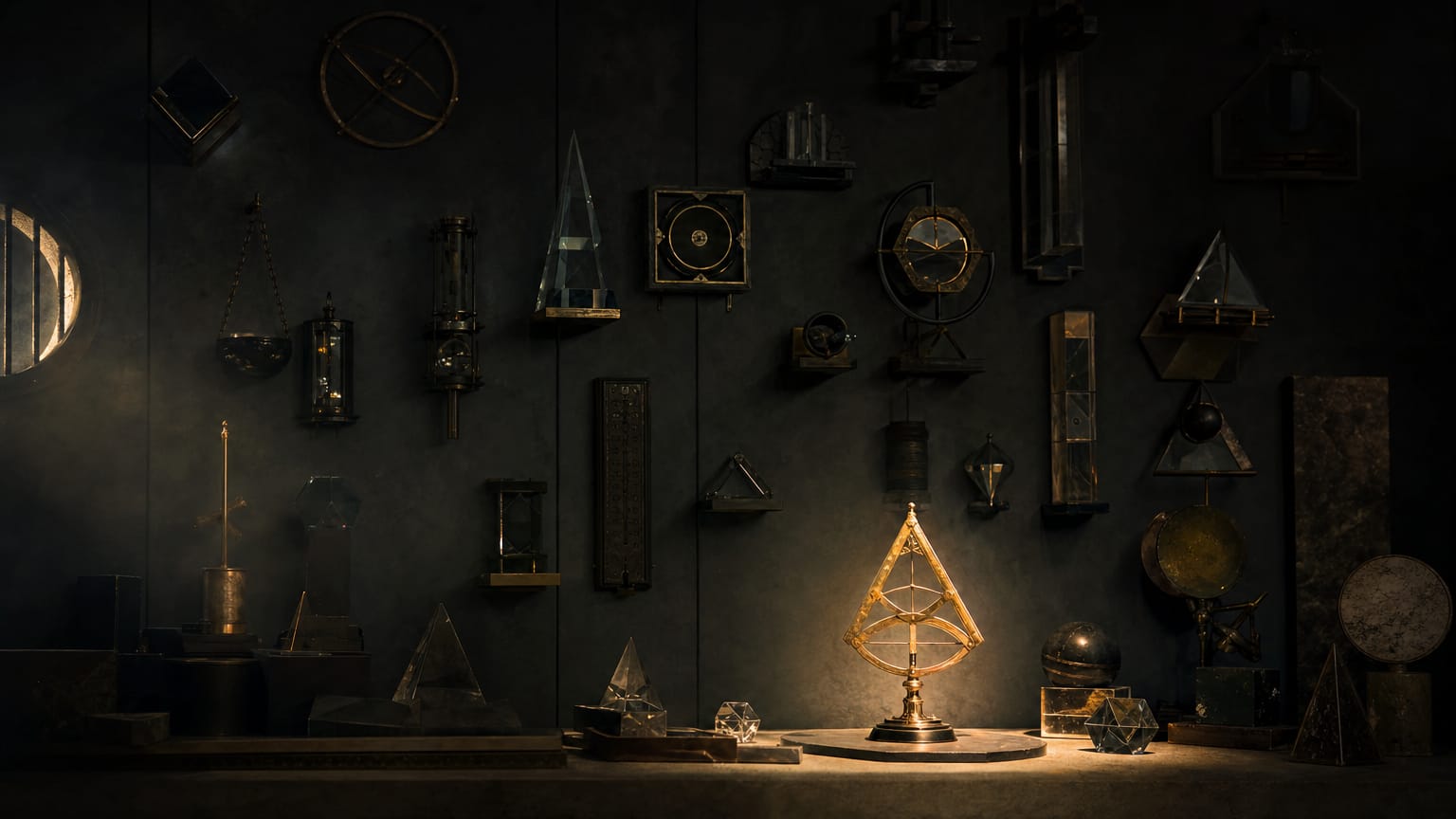 A dark workshop wall of varied abstract measuring instruments, one pulled forward into a beam of light on the bench below.