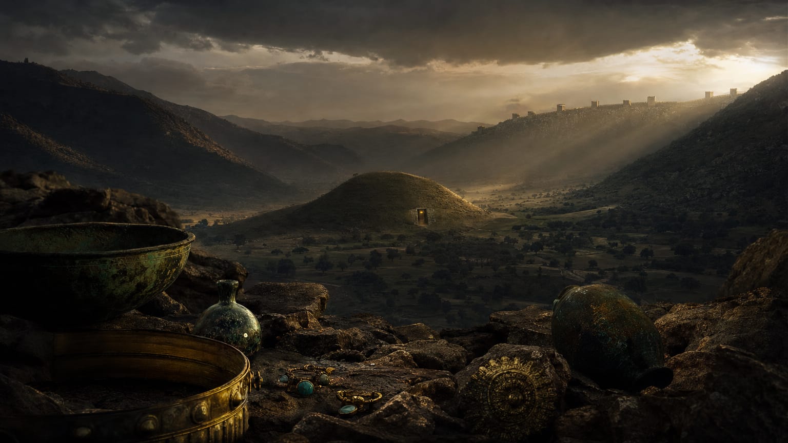 A dark Thracian valley with a burial mound and gold-glint detail, a Byzantine wall line beyond, threads of light arriving from north and east into the plain.