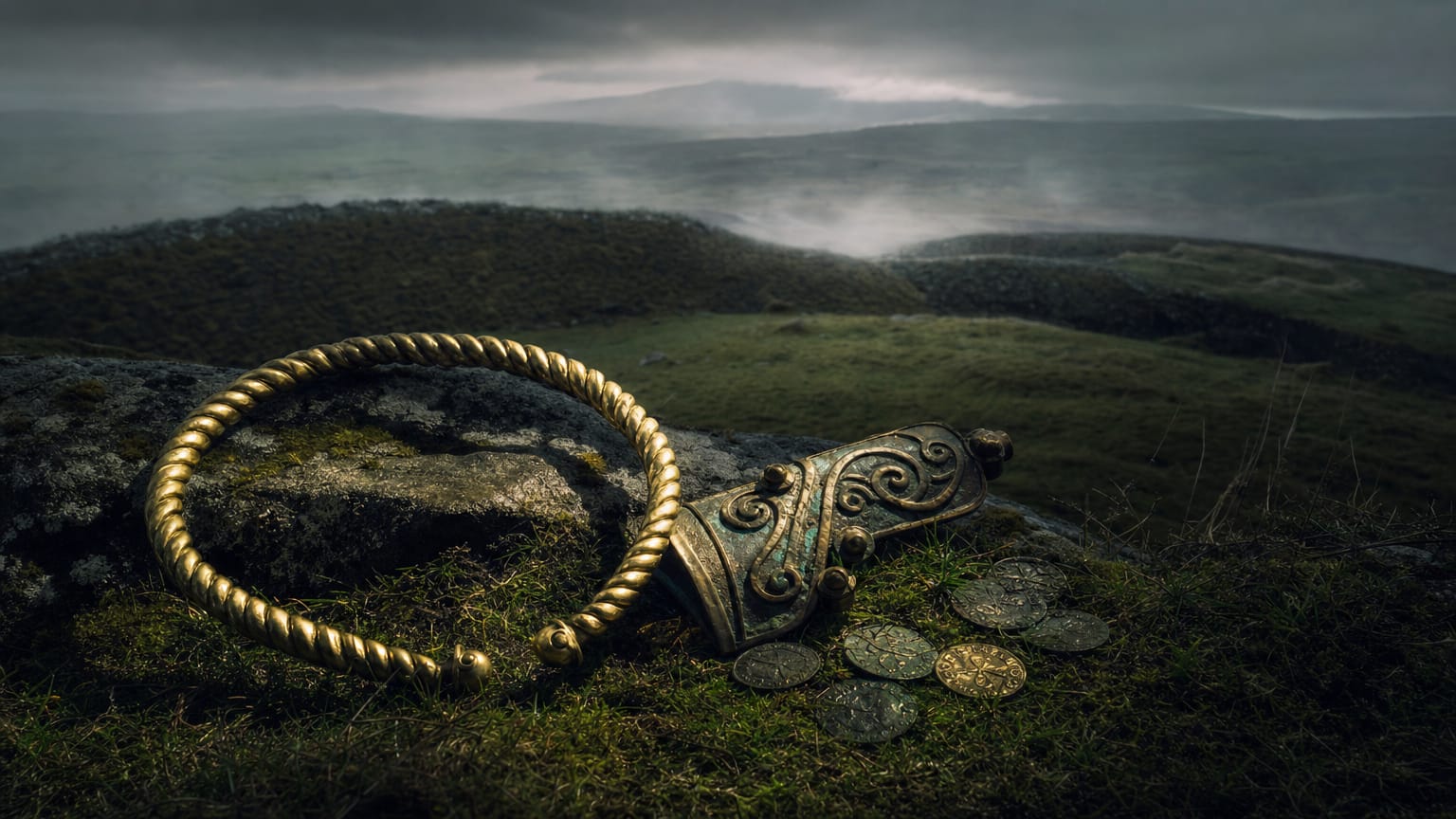 A dark upland hillfort ditch at dusk with a bronze torc, a La Tene scabbard mount and a scatter of coins on turf under low cloud