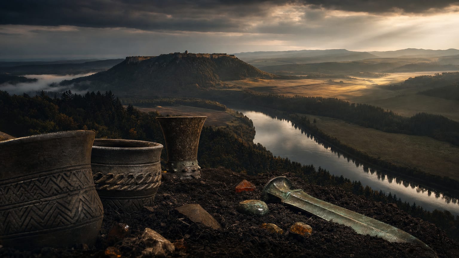A dark Bohemian river basin under low cloud, a hillfort silhouette above a bend of the Vltava, Beaker pots and a bronze dagger resting in the foreground, threads of light arriving from the east.