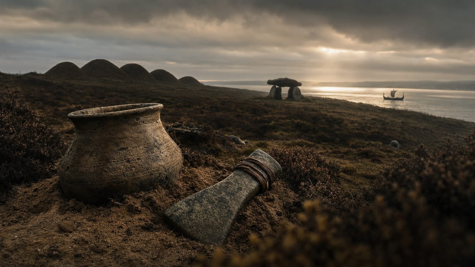 A dark Jutland heath under low cloud with a row of Bronze Age barrows, a Funnel Beaker pot and a stone battle axe half buried in the foreground, and a longship silhouette on a grey strait beyond.