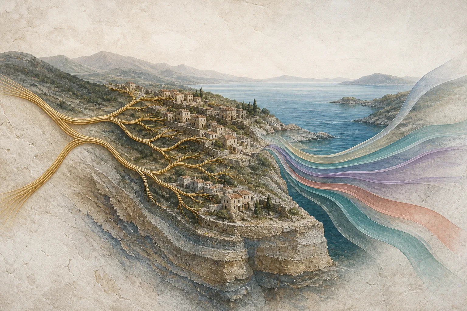 Conceptual view of Deep Mani stone villages connected by subtle paternal and maternal lineage threads