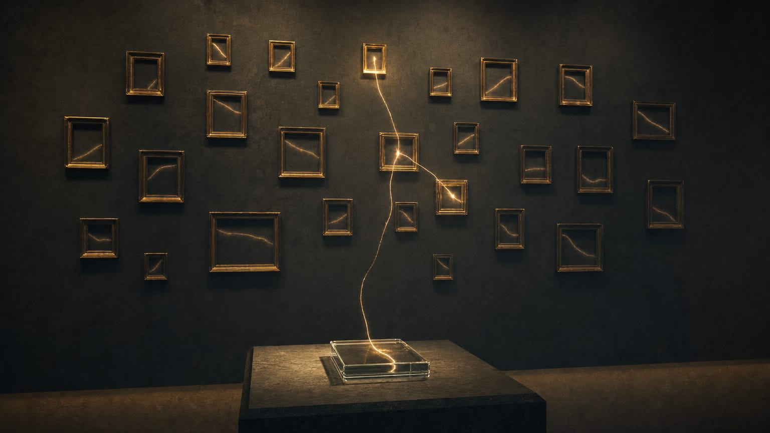 A dark gallery wall of small empty brass frames, a thread of light from a glass slide lighting a handful of them.
