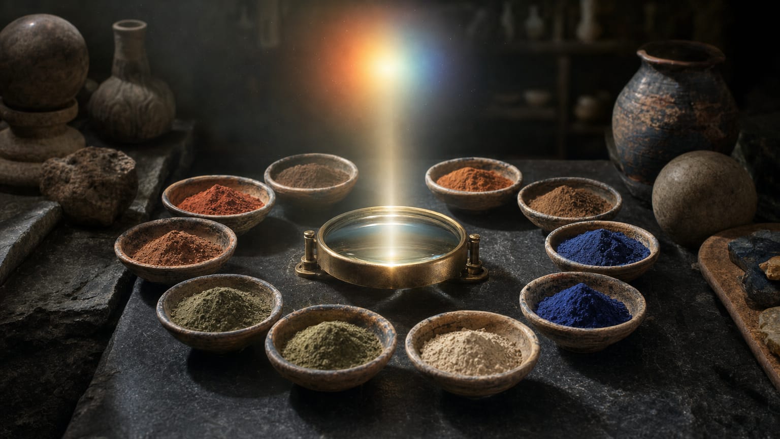 Twelve small ceramic bowls of mineral pigment on a dark stone table, arranged in a circle around a single illuminated lens.