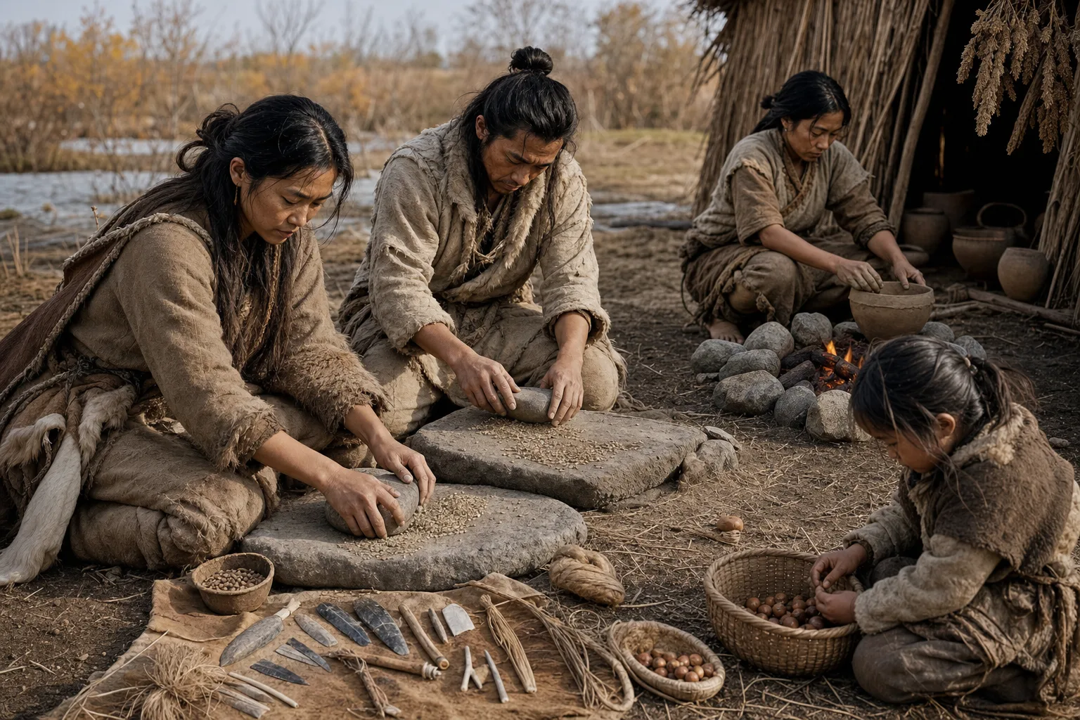 Realistic reconstruction of an early Holocene camp with people using grinding stones, early pottery, woven baskets and hearths in a wooded valley