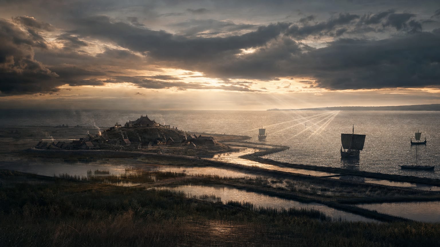 A dark polder horizon with a terp mound and reed channels, longship and cog silhouettes offshore, threads of light crossing the sea toward Britain.
