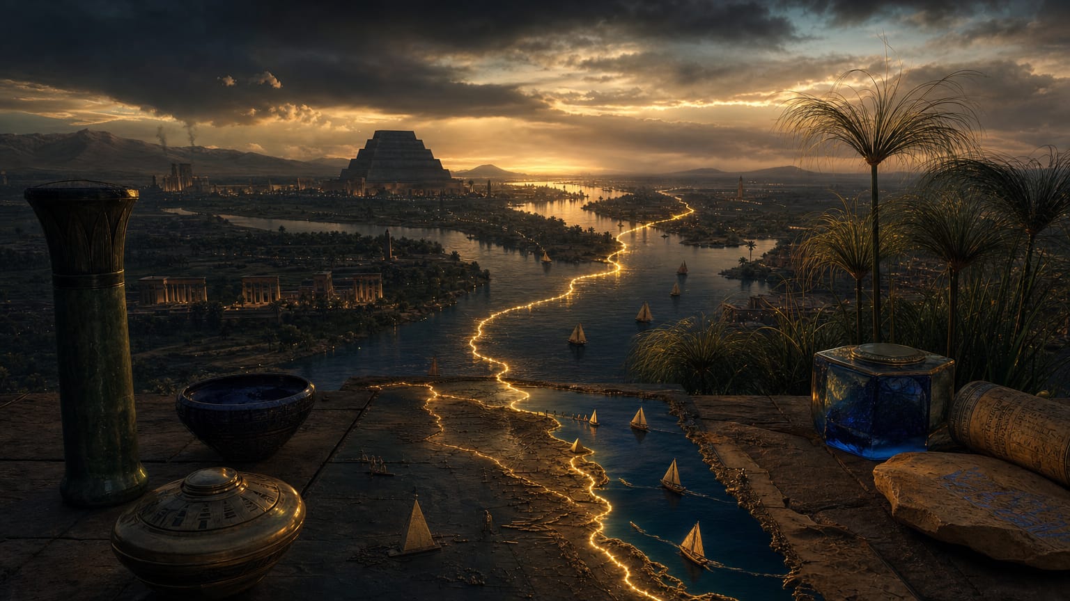 A dark Nile valley at dusk with a stepped pyramid silhouette and reed banks, one continuous thread of light running the river with tributaries joining.