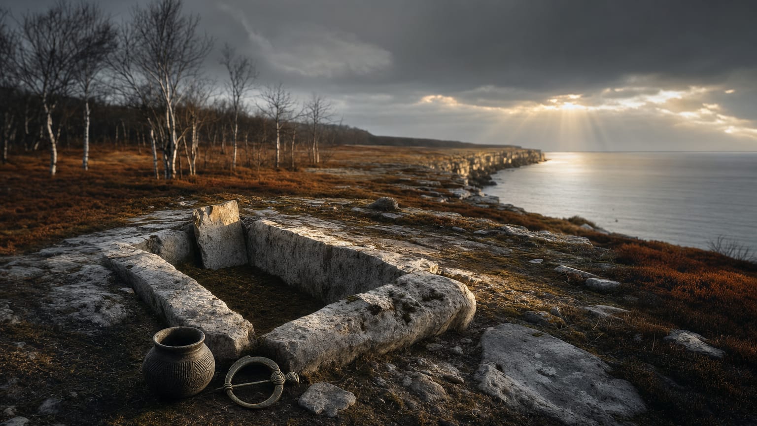 A dark limestone coast under a long northern twilight, a tarand stone grave and a comb-marked pot in the foreground, bog and birch beyond, one thread of light arriving along the shore from the east.