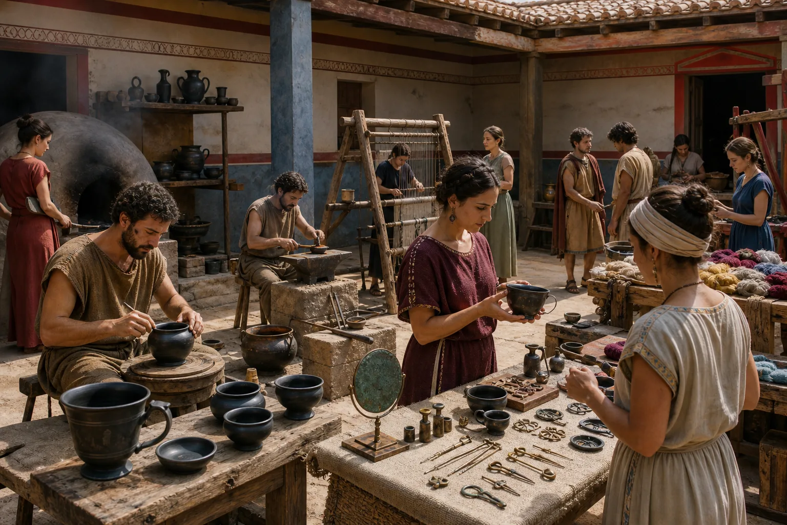 Realistic Etruscan artisan market with men and women handling bronze ware, painted pottery and textiles