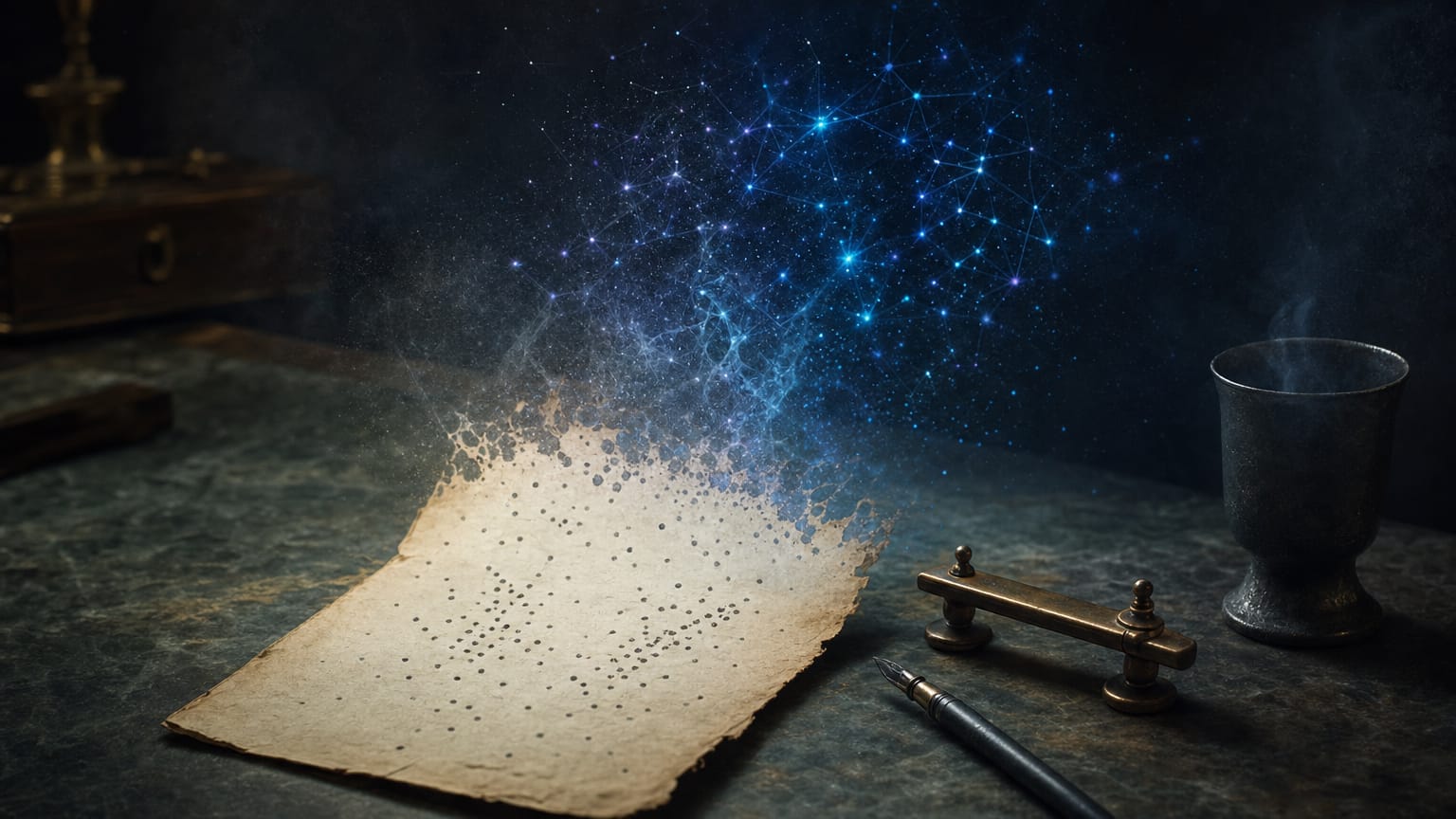 A dark desk scene: an old hand-drawn scatter chart on paper dissolving into a modern constellation of glowing points above it.