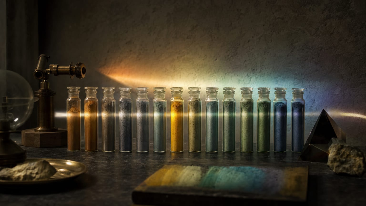 Thirteen slender glass vials of coloured pigment arranged in a row on a dark laboratory bench, one beam of light passing through them.