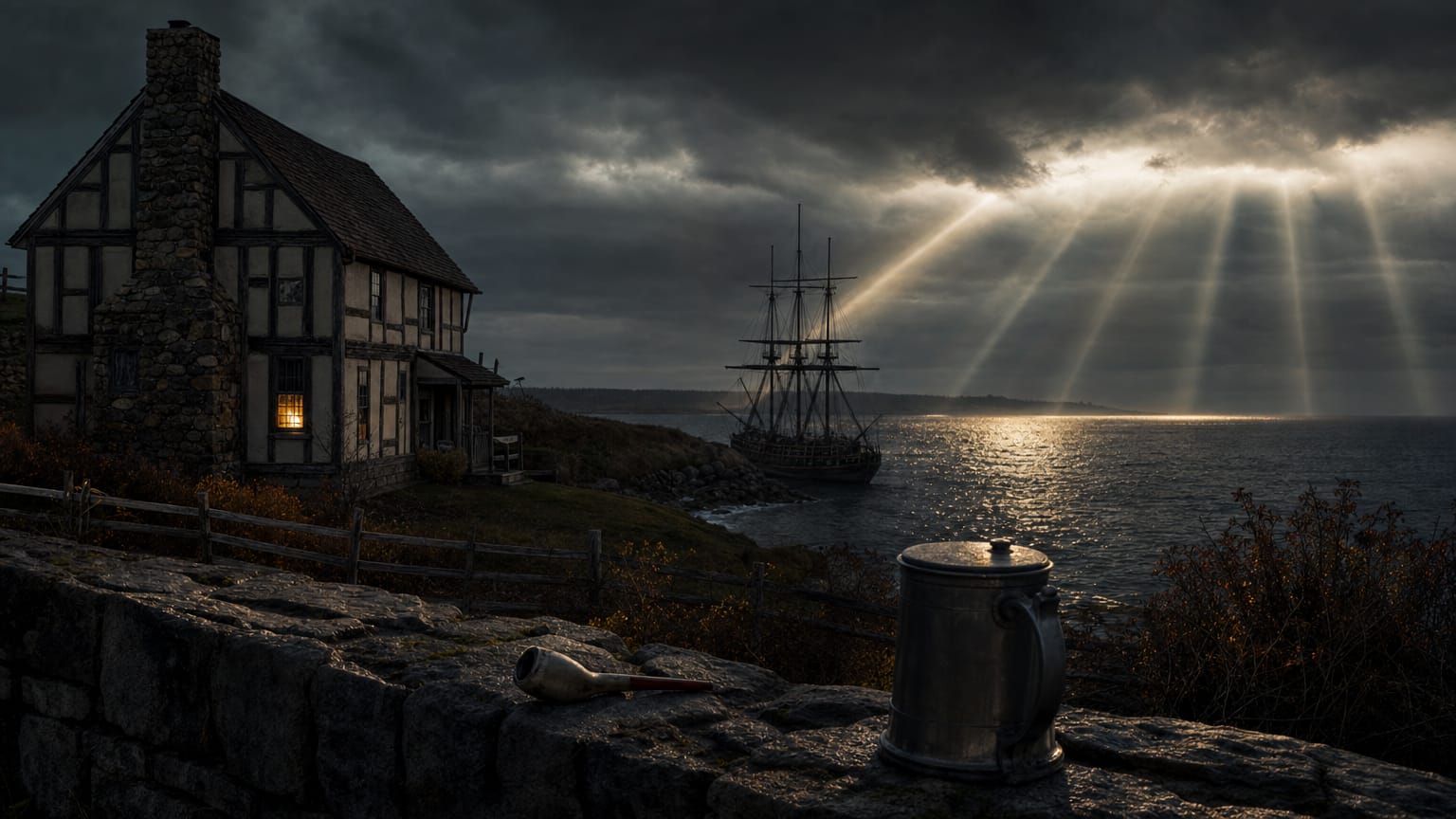 A dark Atlantic shoreline at dusk with a timber-framed colonial house, a moored sailing ship silhouette, and threads of light arriving over the ocean from the east.