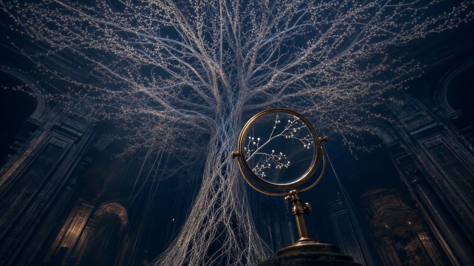 A vast tree of light threads filling a dark hall seen from its base, a brass reading lens on a stand focused on one branch.
