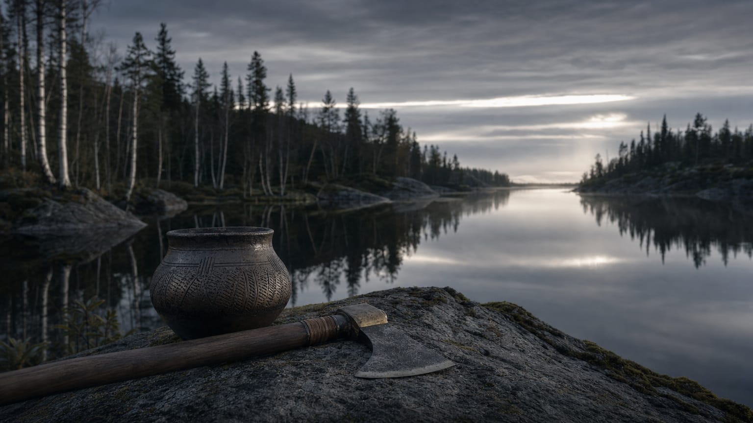 A dark lake landscape of spruce and birch under a pale midsummer night sky, a comb-decorated clay pot and a boat-axe resting on a granite shore, and a narrow water channel winding toward a low eastern horizon.