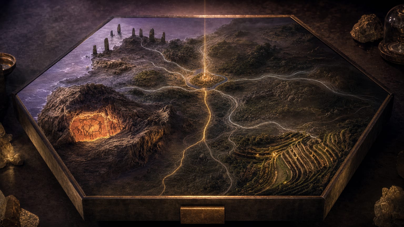 A dark hexagonal landscape seen from above at dusk, a painted cave glow in the southwest, standing stones in the northwest, strata of light threads converging from every side.