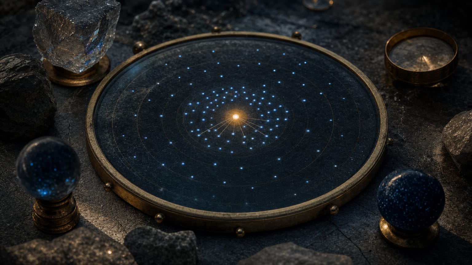 A dark night-sky scene of one bright point surrounded by ranked rings of fainter points, the nearest ring clearly crowded.