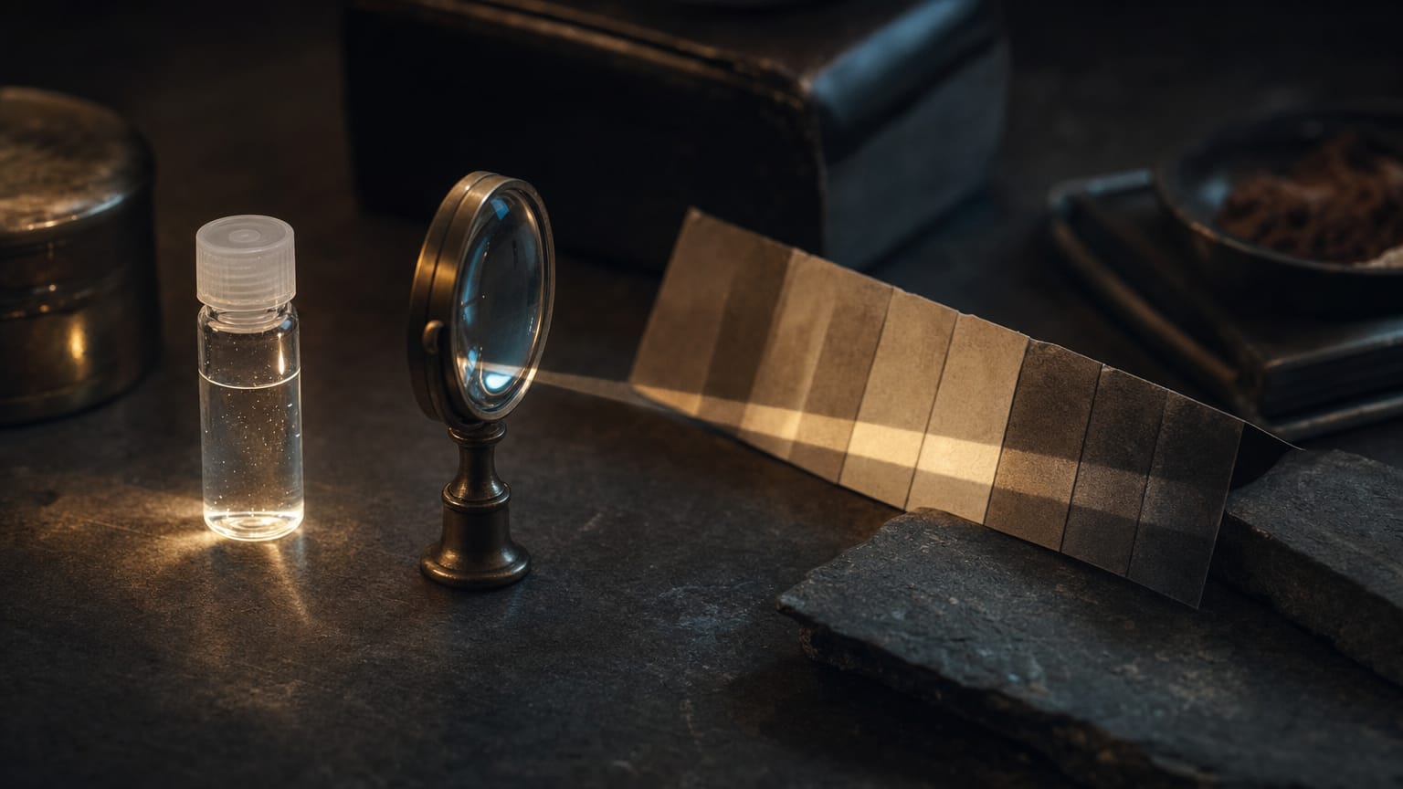 A small saliva-test vial on a dark workbench with a path of light running through a lens onto a strip of numbered film.