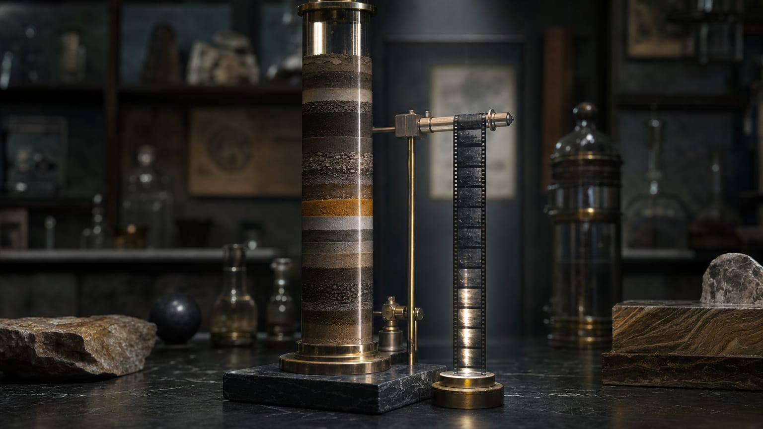 A tall glass column of layered sediment on a dark bench beside a strip of numbered film lit by a beam passed down through the layers.