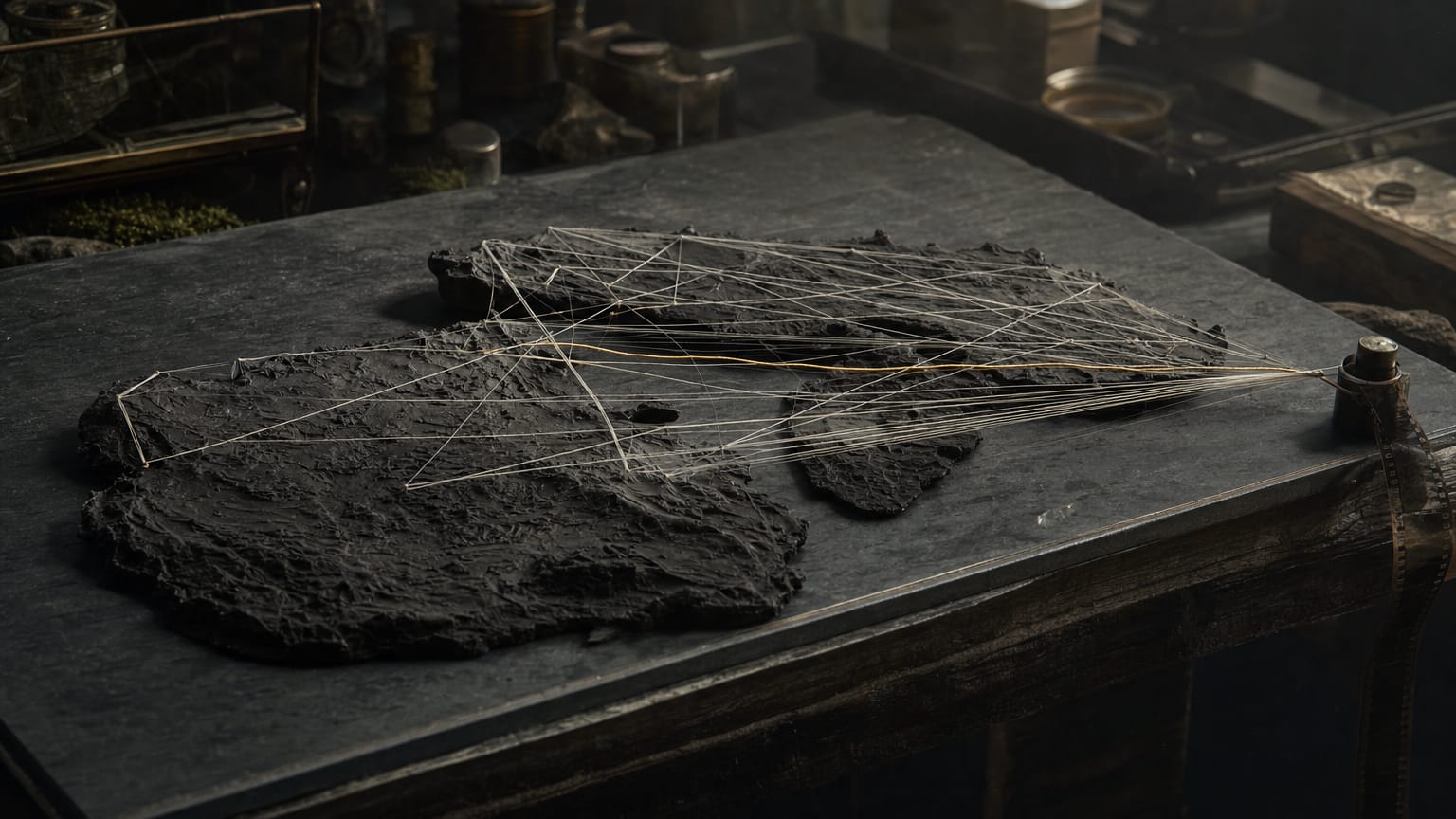 A clay relief of two islands on a dark bench with a net of light threads gathering at a strip of numbered film.