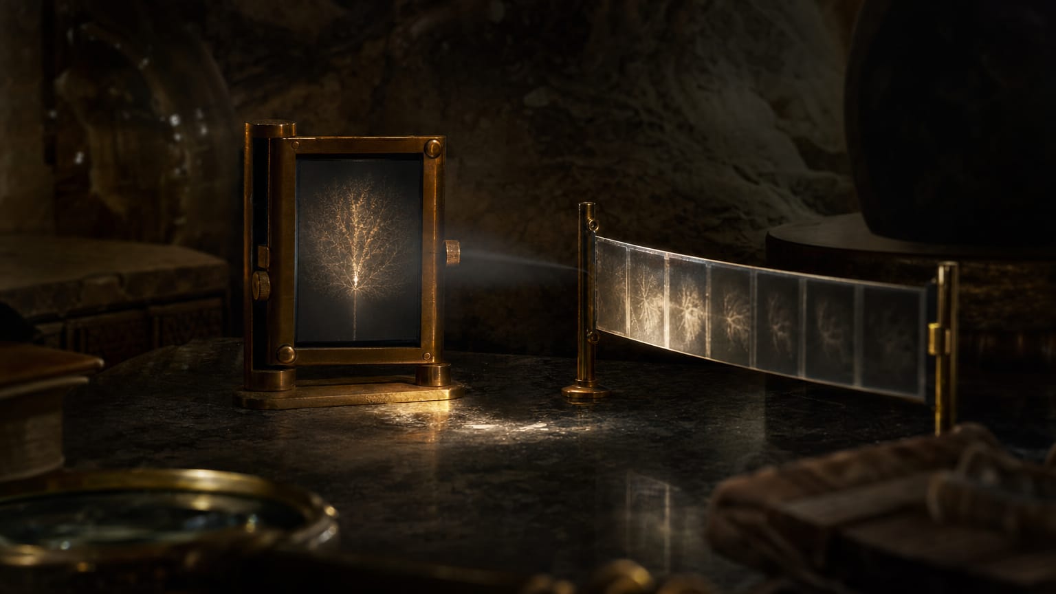 A brass-framed slide holding a faint tree of light beside a strip of numbered film, joined by one soft beam on a dark bench.