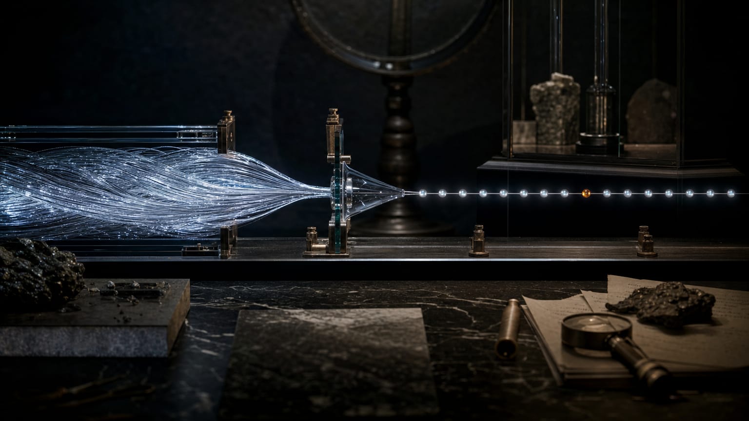 A dark laboratory bench where a thick braided river of light narrows through a glass gate into one thin precise line of 25 beads.