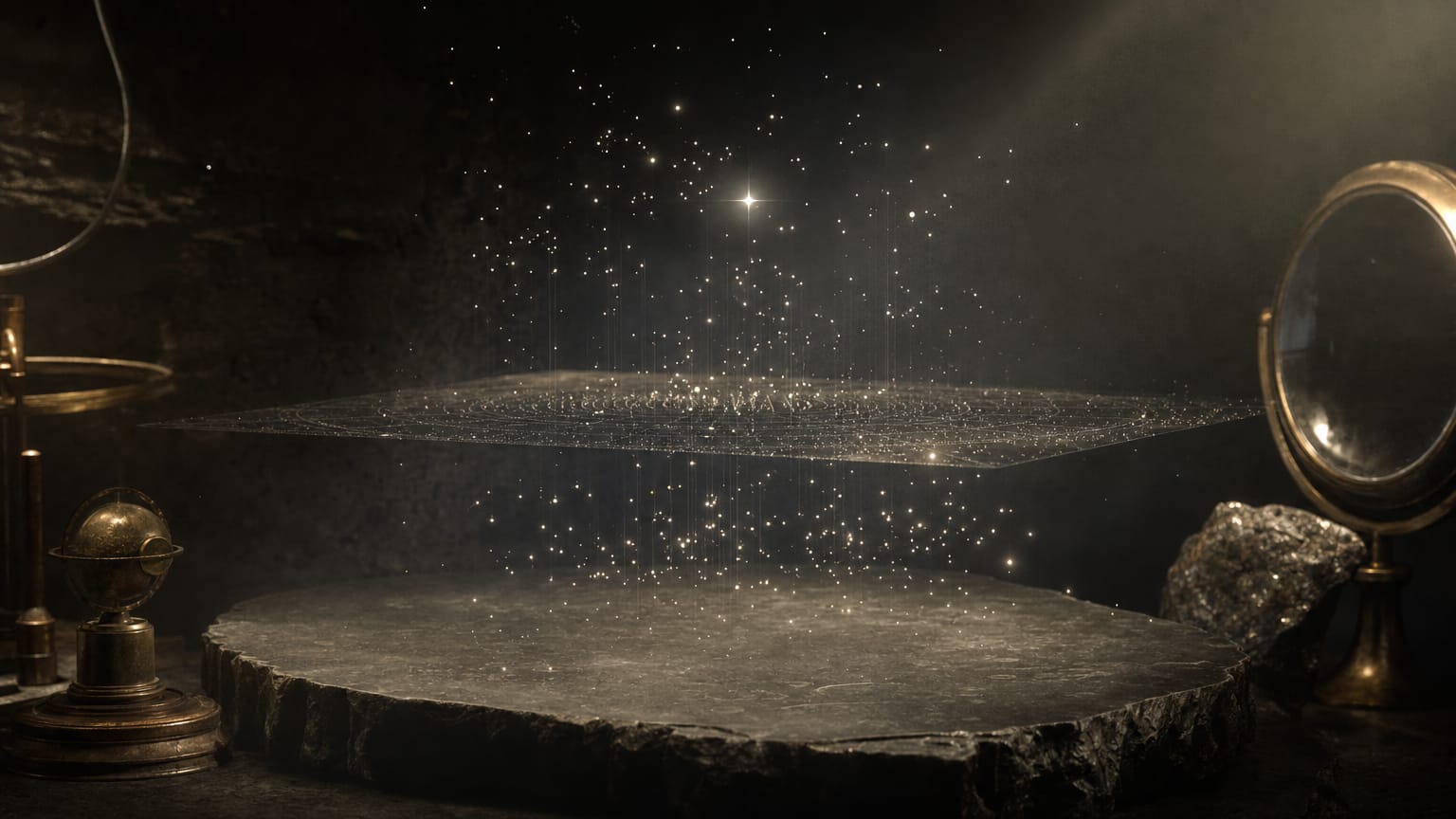 A dark chart-like field of faint point clusters with one bright marked point, a flat sheet of light slicing through a deeper cloud behind it.