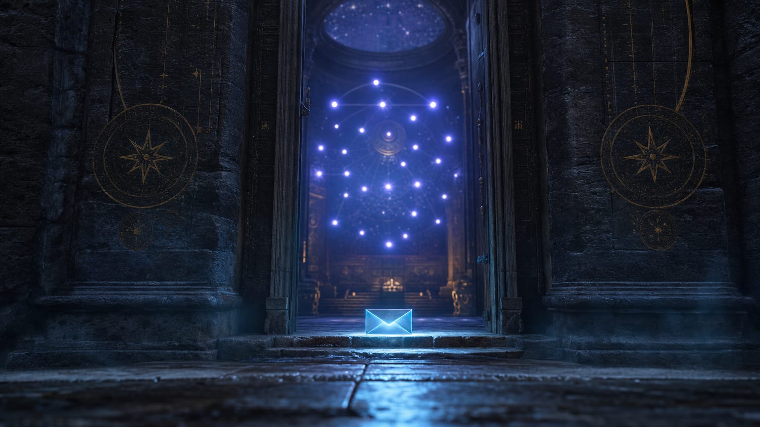 A dark editorial scene of a sealed envelope opening into a single line of twenty-five faint points of light.