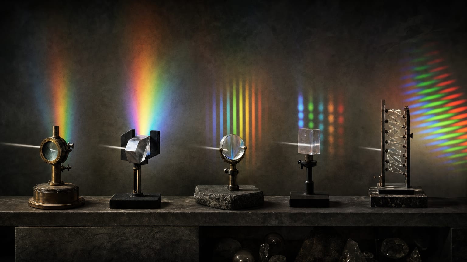Five distinct abstract instruments on a dark laboratory shelf, each splitting the same light beam into a different pattern of coloured bands.