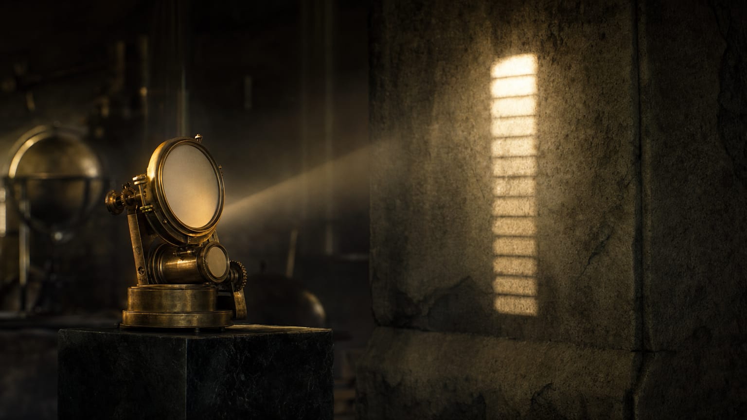 A dark scene of an antique brass measuring instrument projecting a ranked column of faint light marks onto a stone wall.