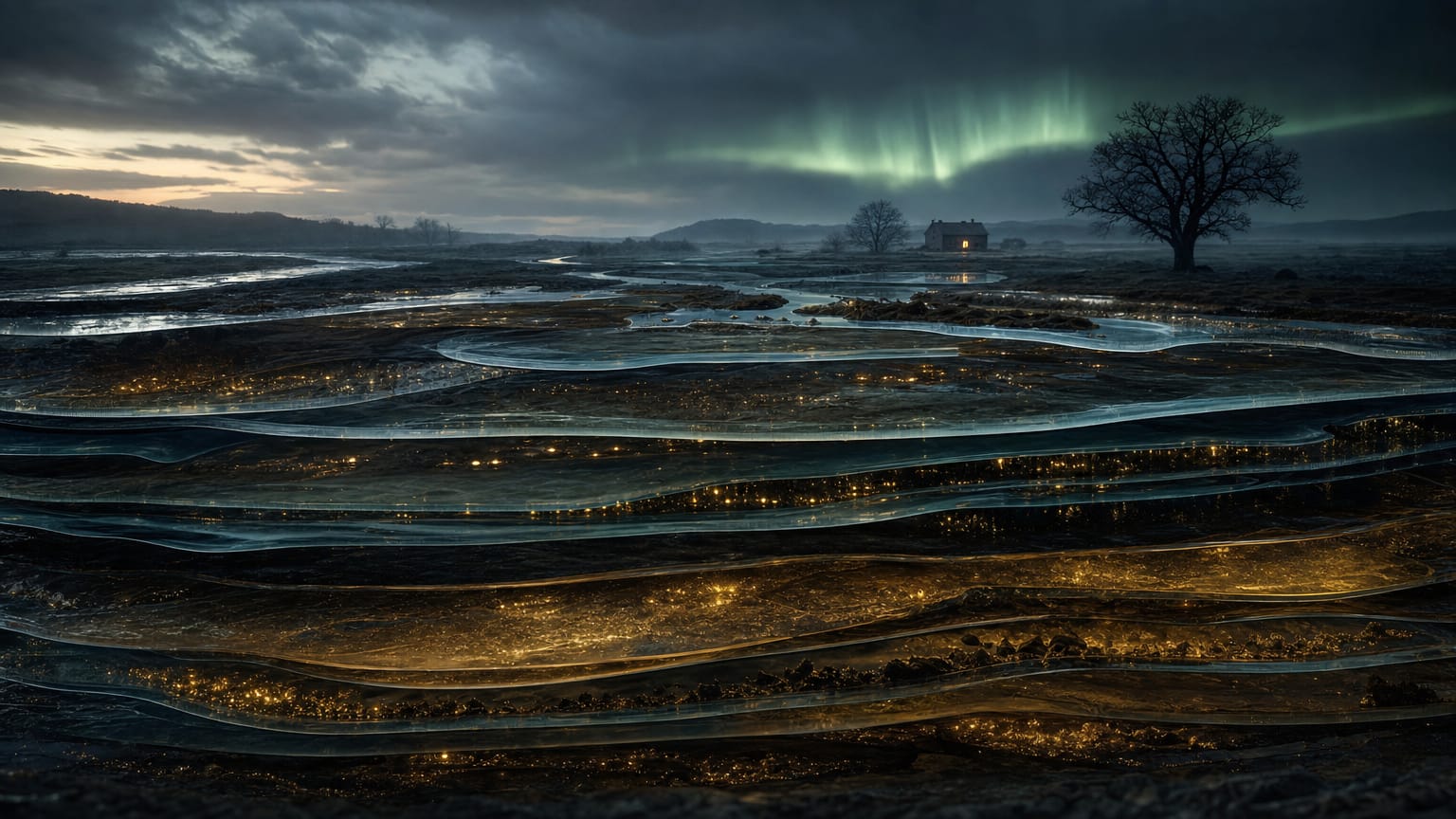 A dark river-plain landscape with successive translucent strata stacked like glass plates, each stratum carrying its own drift of light points.