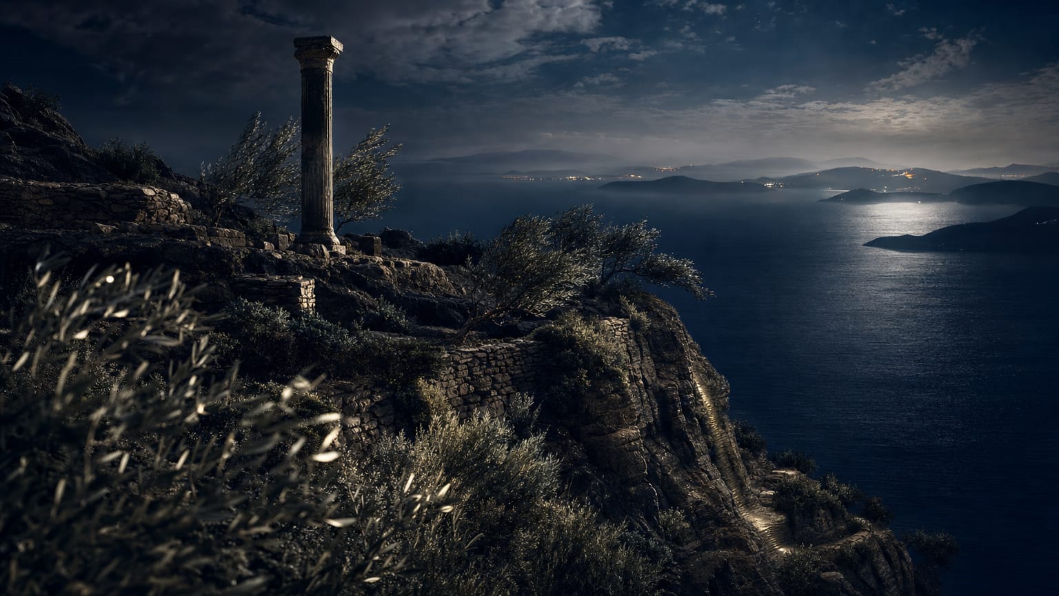 A dark Aegean headland with a ruined column and olive terraces, strata beneath the sea cliff carrying continuous threads of light toward island lights.