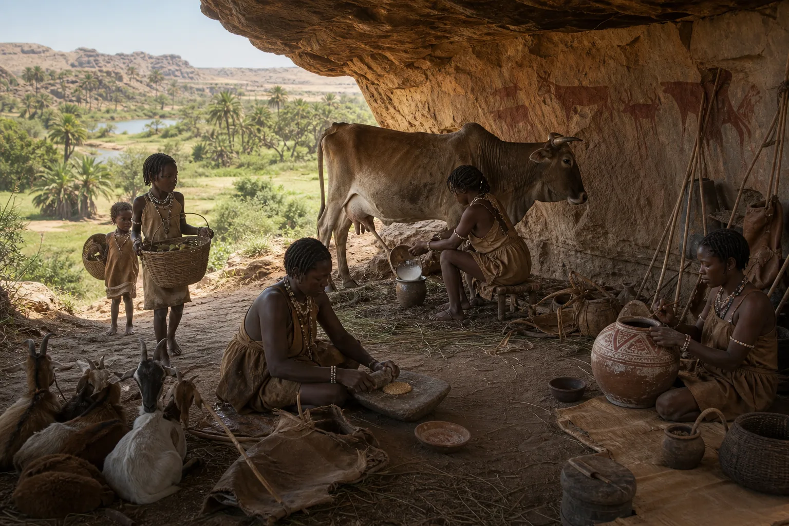 Realistic Takarkori pastoralist women and children with cattle, baskets, grinding stones and decorated pottery
